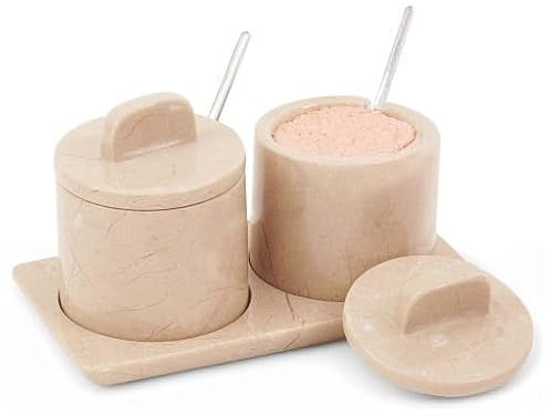 SPESHSTONES Saliera in marmo con coperchio e vassoio, 10,2 cm, per decorare il tavolo da pranzo, set di 2 contenitori per condimenti, barattoli per spezie e zuccheriera con cucchiaio, per riporre il