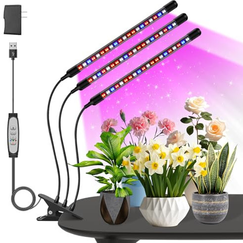 Lámpara para plantas, lámpara de crecimiento de 3 cabezales, luz de crecimiento de espectro completo para plantas de interior, luz para plantas con temporizador de encendido/apagado de 6/12/18h
