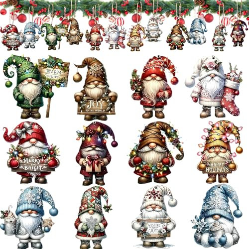 Decorazioni Albero di Natale Legno, 12 Pezzi Pendenti Albero di Natale Addobbi Natalizi Legno, Retrò Ciondoli Albero di Natale per Decorazione Interna Festiva