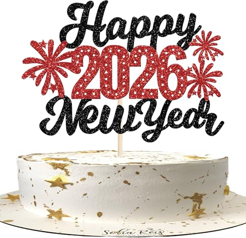 1 Stück Happy New Year 2026 Tortendeko Glitzer 2026 Gutes neues Jahr Kuchen Deko Prost auf 2026 Cake Topper für Willkommen 2026 Frohes Neues Jahr Party Kuchen Dekoration Schwarz Rot