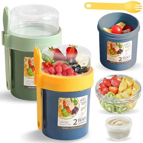 XIMEY 2 pcs Vasos Yogurtera con Tapa, Porta Yogur, Vaso para Yogurt y Cereales, Overnight Oats Jar, Vaso Yogur y Cereales para Llevar, Taza de Muesli, para Snacks de Oficina, 560 + 230 mL