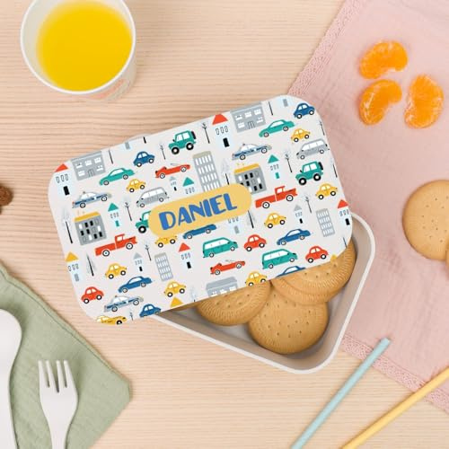 Wanapix | Lunch box Personnalisable Enfant | Boîte à Goûter avec Nom |Lunch/Sandwich | École | Sans BPA | Couverts Inclus | 1 Litre | Voitures