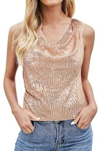 Top da donna con glitter verde, con paillette, scollo a V, per feste, elegante, senza maniche, sexy, per feste, feste, con brillantini, a maniche corte, casual, oro rosa., L