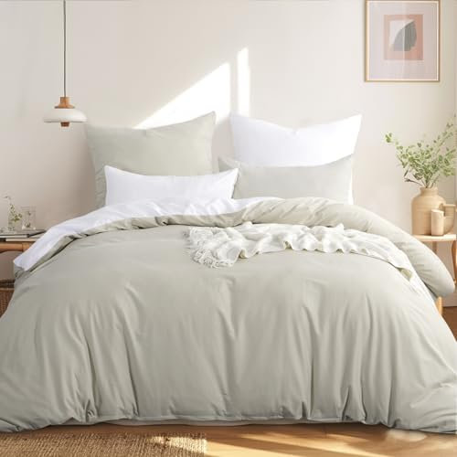 RUIKASI Bettwäsche 200x220 Baumwolle Beige - Bettwäsche-Sets 200x220cm 3teilig Wendebettwäsche 3tlg mit Reißverschluss, zweifarbige Bettbezug Set Beige und Weiß Cotton