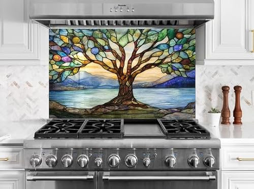 Myphotostation Spritzschutz aus gehärtetem Glas, 110 x 70 cm, Motiv: Baum am See, Glasrückwand für Herd, Wandschutz, Schneidebrett, Herd-Wandplatte, Herd-Rückabdeckung