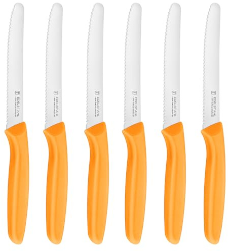 targzier 6 Small Kitchen Knives,Serrated,Ergonomic Handle,Rustproof,Orange | Stainless Steel,Sharp,Utility Knife,Table/Dinner Knives,Chopper Peeler,11cm,Dishwasher-Safe,Cutting Tamato,Vegetable,Fruit