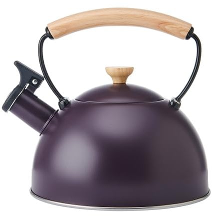 La Cafetière Whistling Kettle Purple Colour With Heat Resistant Wooden Handle, Lightweight Rust Resistant Stovetop Kettle With Flip Up Spout, Compatible With All Stove-Tops, 1.6L