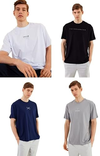 COMEOR Herren T-Shirt Baumwolle Set 4er Pack – Rundhals Kurzarm Oversize Basic Shirt – Sommer Freizeitshirt Slim Fit Print Casual Sport Bekleidung