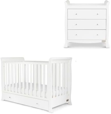 Ickle Bubba Snowdon Mini 2pc Nursery Furniture Set with Premium Sprung Mattress – 4-in-1 Sleigh Cot Bed (Fits 120x60cm Mattress) with Under Drawer Storage & Changing Unit