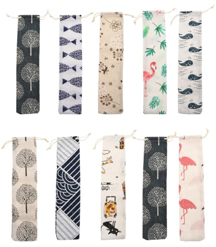 Healifty Drawstring Bags 10 pcs Cotton Linen Storage Pouches for Forks Spoons and Chopsticks Reusable Tableware Bag for Camping Picnics School and Outdoor Dining