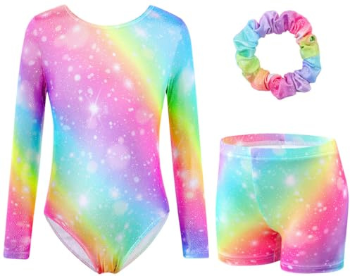 XiaoMoSha Girls Three-Piece Gymnastics Leotards Set Long Sleeve Leotards with Shorts and Hairband Sparkly Ballet Dance Unitards Gradient Color Gymnastics Outfits for Kids, Rainbow, 5-6 Years