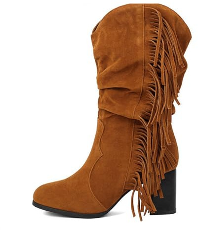MODSGUE Stivali da donna in camoscio con frange, stile bohémien, con zeppa, al ginocchio, comodi, con fibbia casual, a gambo lungo, da donna, tinta unita, giallo., 38 EU