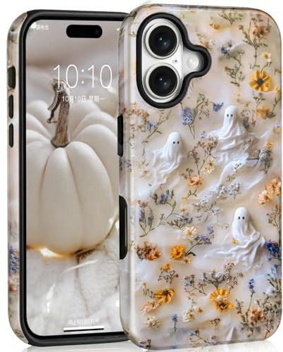 Mainrenka Süße Halloween Hülle für iPhone 17 für Mädchen und Jungen, mit Geist Totenkopf & Blumen Handyhülle Stoßfeste Schutzhülle