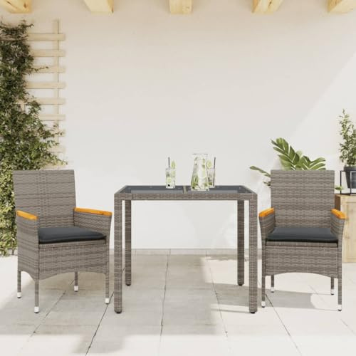 QJBSAVVA 3-TLG. Gartenmöbel Set Grau 90x90 cm Poly-Rattan Esstisch Glastisch 2 Stühle mit abnehmbaren Kissen Modernes Design Robust für Balkon Terrasse und Garten