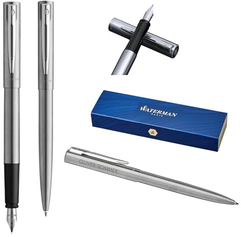 Waterman Allure Schreibset mit Gravur – Kugelschreiber & Füllfederhalter Set personalisiert – Luxus Schreibgeräte Set in Schwarz – Elegantes Geschenk für Damen & Herren (Stainless Steel)