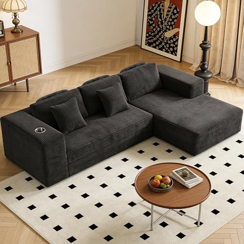 BonVache Boneless Couch with 3 neck pillows, Corner Sofa with Chaise Lounge, Modular Sectional Sofa with side pocket & cup holder for Living Room and Apartment, 263 x 175 x 59 cm, Black