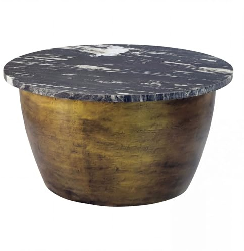 FineBuy Couchtisch Rund 60x60x34 cm Metall, Marmorplatte Schwarz | Wohnzimmertisch in wuchtiger Trommelform mit rustikalem Charme, Sofatisch mit Natursteinplatte