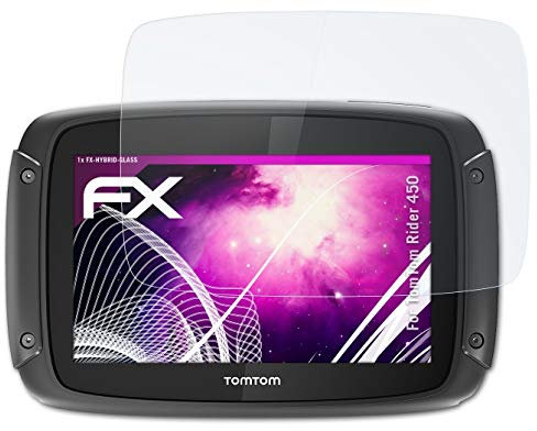 atFoliX Glasfolie kompatibel mit TomTom Rider 450 Panzerfolie, 9H Hybrid-Glass FX Schutzpanzer Folie