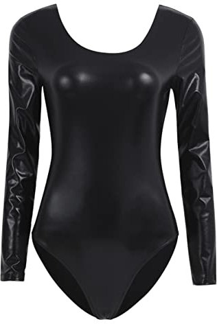 TiaoBug Damen Glänzend Ballettanzug Langarm Ballett Trikot Tanz Body Metallic Turnanzug Gymnastikanzug Dancewear Schwarz S