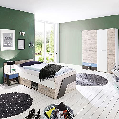 Jugendzimmer Kinderzimmer Set, Sandeiche mit weiß, Lava blau, 90x200 Einzelbett, 135cm Kleiderschrank, Nachttisch