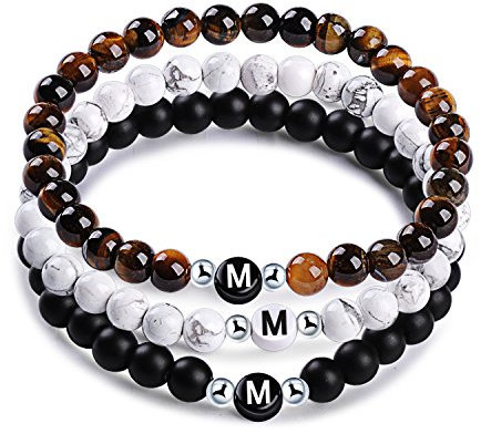 MicLee Namensarmband Freundschaftsarmband aus Natursteinen mit Buchstabenperlen von M, 3er Set Perlenarmbänder Energiearmband für Damen Herren, mit Geschenkbox Grußkarte