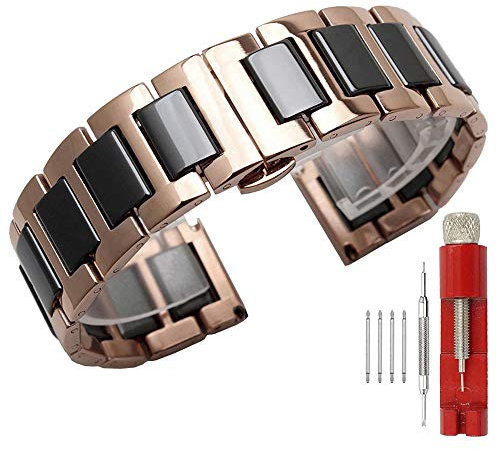 Kai Tian Bracelet Montre Metal 22mm Or Rose Bracelet de Montre en céramique Noire pour Homme en Acier Inoxydable Boucle déployante