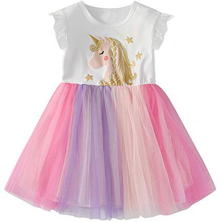DXTON Vestito da Ragazza Vestito Casual Festa Maniche Lunghe Tulle Principessa Unicorno Ragazze BiancoSh4992 6T