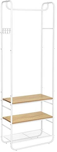 VASAGLE Portemanteau, Vestiaire, avec Étagère à Chaussures à 3 Niveaux, pour Entrée, Chambre, 58 x 28 x 181 cm, Style Scandinave, Blanc Mat et Doré Chêne HSR81WN