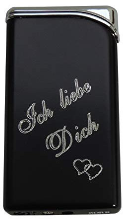 Superflaches Gas-Feuerzeug (matt Schwarz) mit Gravur Ich Liebe Dich inklusive (Gasfeuerzeug, nachfüllbar)