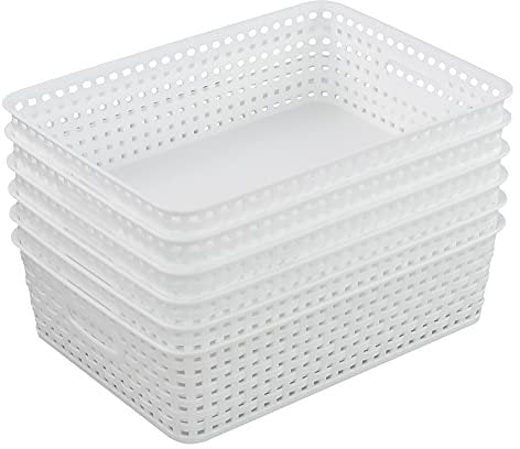 Sandmovie Woven Office Storage Baskets, A4 Plastic Basket Trays, White, Packs of 6