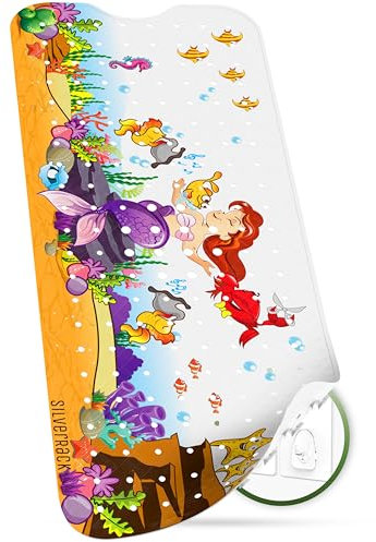 SilverRack Alfombrilla de baño para niños 100 x 40 cm (diseño de sirena izquierda) Alfombrilla antideslizante para bañera sin BPA para niños y bebés resistente al moho Alfombrilla de baño estampada