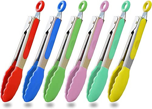 HINMAY Mini Silicone Serving Tongs 7 Inch Small Kitchen Tongs Food Tongs, Set of 6 (Red Blue Green Pink Mint Yellow)