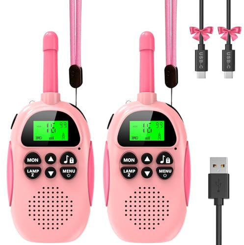 Ushining Walkie Talkie für Kinder, Walkie Talkie Wiederaufladbarer mit 16 Kanäle Funkgerät VOX Hintergrundbeleuchteter LCD Taschenlampe, 3 KM Reichweite für Abenteuer im Freien, Camping, Wandern Rosa