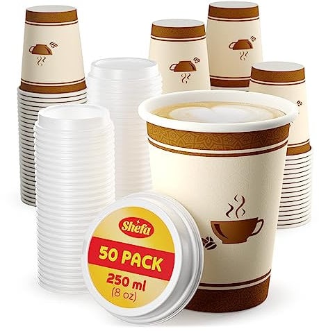 Shefa 50 tazas de café de 8 onzas con tapas, vasos de papel para bebidas calientes o frías, taza caliente para llevar para cafeterías, taza resistente al calor, tazas de café de papel sin BPA, tazas