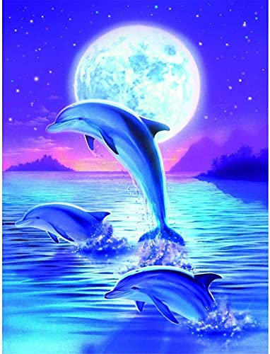Ziiajune DIY 5D Diamond Painting Kits Delfin Diamant Malerei Kreuzstich-Stickerei Mond Strass Full Bild Kunst für Malerei Wohnzimmer Schlafzimmer Dekoration Wandaufkleber 30 x 40 cm