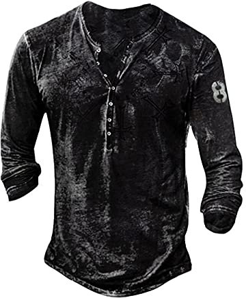 Mens Henely Shirts Vintage Distressed Tops Button Up Blouse Long Sleeve Casual Tee Shirts S Black