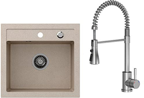 VBChome Spülbecken mit Armatur 50 x 47 cm Beige Spüle Einzelbecken Küche Einbauspüle Verbundspüle Küchenspüle gesprenkelt flächenbündig + Siphon Waschbecken Armature Schwenkauslauf, Federauslauf