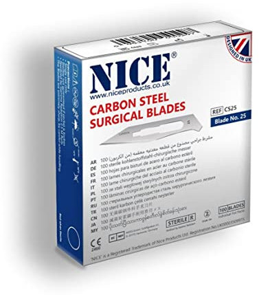 100 x NICE No.25 Sterile Carbon Steel CS25 Surgical Blades