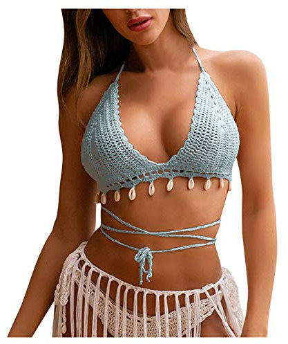 QIUhhpuy Damen Gestrickte Gewebt Bikini Set Neckholder Bikini Oberteil mit Quaste Strick Häkeln Muschel Einzigartige Crochet Stricken Beachwear Badebekleidung Badeanzug Bademode