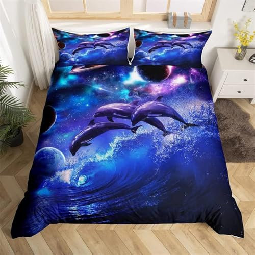 feelingyou Delfine Bettwäsche-Set,Schönes Ozeantier Bettwäsche Set 135x200cm,Lila Blaue Planeten Betten Set für Kinder Jungen Mädchen Teenager 2St.Reißverschluss Mikrofaser
