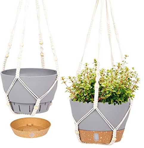 QCQHDU Lot de 2 Pots de Fleurs à Suspendre en macramé pour intérieur et extérieur avec Trou de Drainage pour intérieur et extérieur (Gris Clair) 25,4 cm