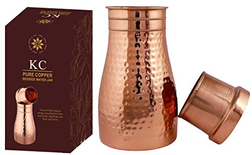 KC Pure Copper Hammered Design Copper Water Bottle /Pitchers /Jug / Bed Room Jar / Bedside Carafes with Tumbler with Lid 1000 ML