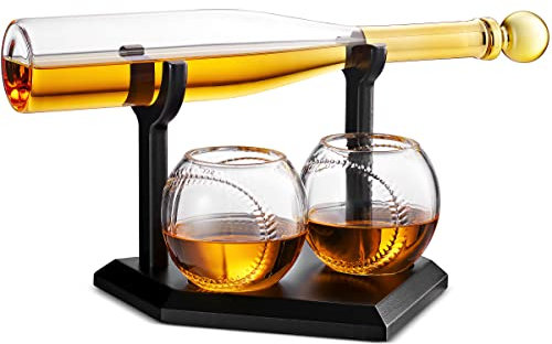 Godinger Whiskey Dekanter und Whiskey Gläser Set, Baseball Bat Whiskey Dekanter und Baseball Whiskey Gläser Geschenkset, Whiskey Geschenke