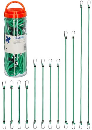 Relaxdays Spanngummi mit Haken, 12er Set, Fahrrad Gummispanner Gepäckträger, 4 Größen, Universal Gepäckspanner, grün, 60% Kunststoff 30% Gummi 10% Eisen