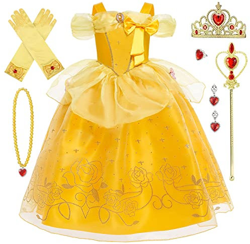 AYIMEIS Mädchen Belle Prinzessin Kleid mit Zubehör Die Schöne und das Biest Kostüm Prinzessin Verkleidung Kinder Geburtstag Party Weihnachten Halloween Karneval Cosplay Kleider