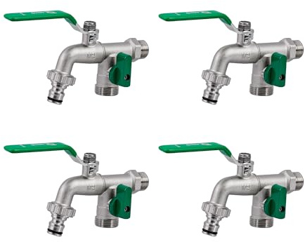 zencQ Doppel Anschluß kugelhahn 1/2 zoll - PN16 / 16 Bars Rostfreie - frostsicherer - messing - außenwasserhahn - 2X 3/4 Abgänge mit wasserhahn waschmaschine, Garten, Regentonne (A) (Pack of 4)
