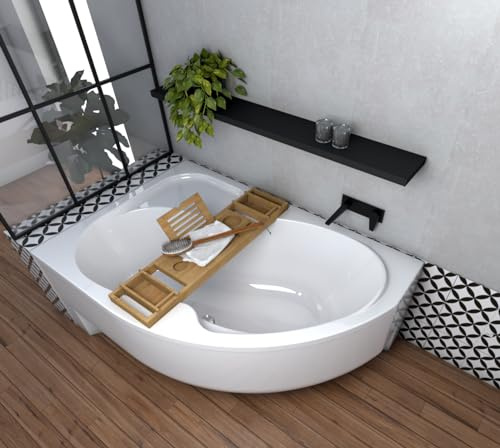 ECOLAM Badewanne WELA 150x100 cm links Schürze | Wanne mit Bambusablage Wannenbrücke | Eckwanne Eckbadewanne Antirutsch + Ablaufgarnitur Füße Silikon Komplett-Set Acryl weiß