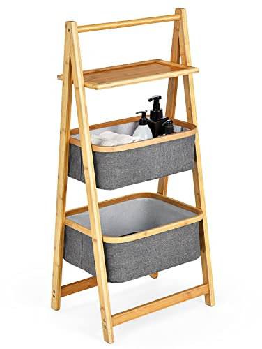 RELAX4LIFE Laundry Hamper, Free-Standing A-Frame Bamboo Clothes Sorter with Fabric Baskets, Laundry Storage Organiser Unit for Laundry Room Bathroom Bedroom (2 Baskets + 1 Shelf)