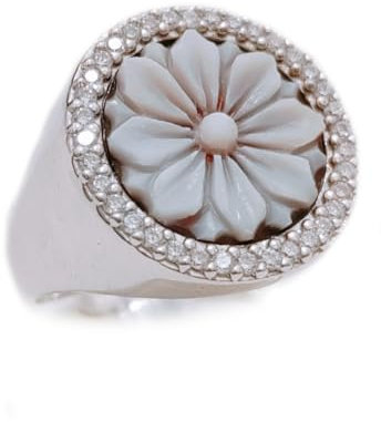 gioiellitaly Anello chevalier regolabile in argento 925 rodiato cammeo fiore inciso a mano artigianale Made in Italy