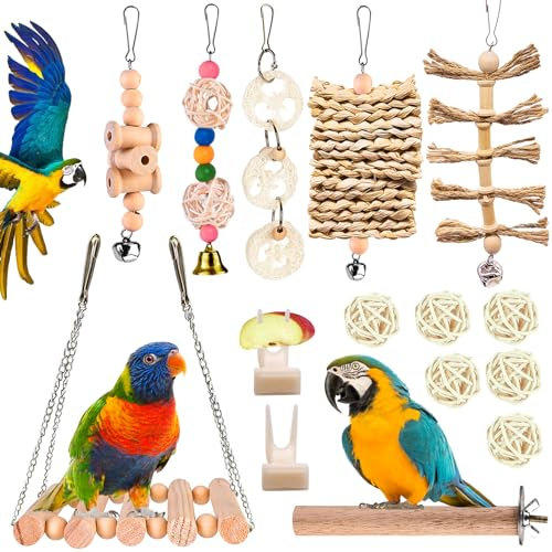 Vogelspielzeug, 15 Vogelspielzeug für Vögel, Set Vogelspielzeug, Vogel-Papageien-Spielzeug, Vogelspielzeug Papageienspielzeug, Vogel Spielzeug Glocke Holzleiter